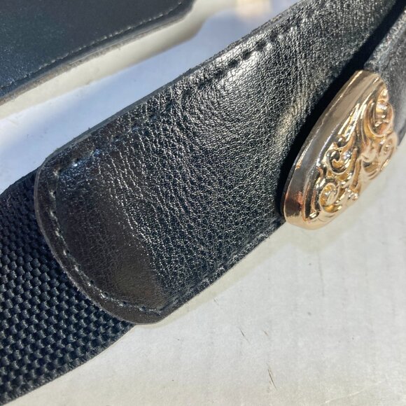 Vtg Western Stretch Faux Black Leather Gold Tone Double Buckle Womens Belt XS S - Picture 12 of 15